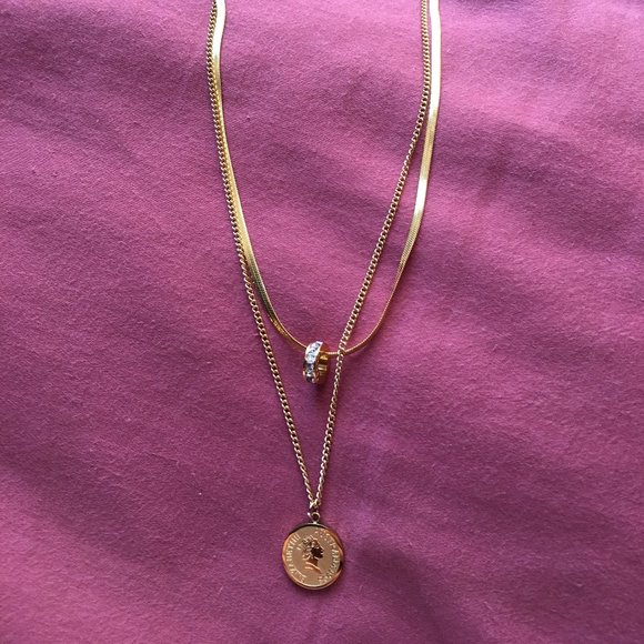 Stainless Steel Gold Plated Double Chain Charm Pendant Necklace - Picture 5 of 9